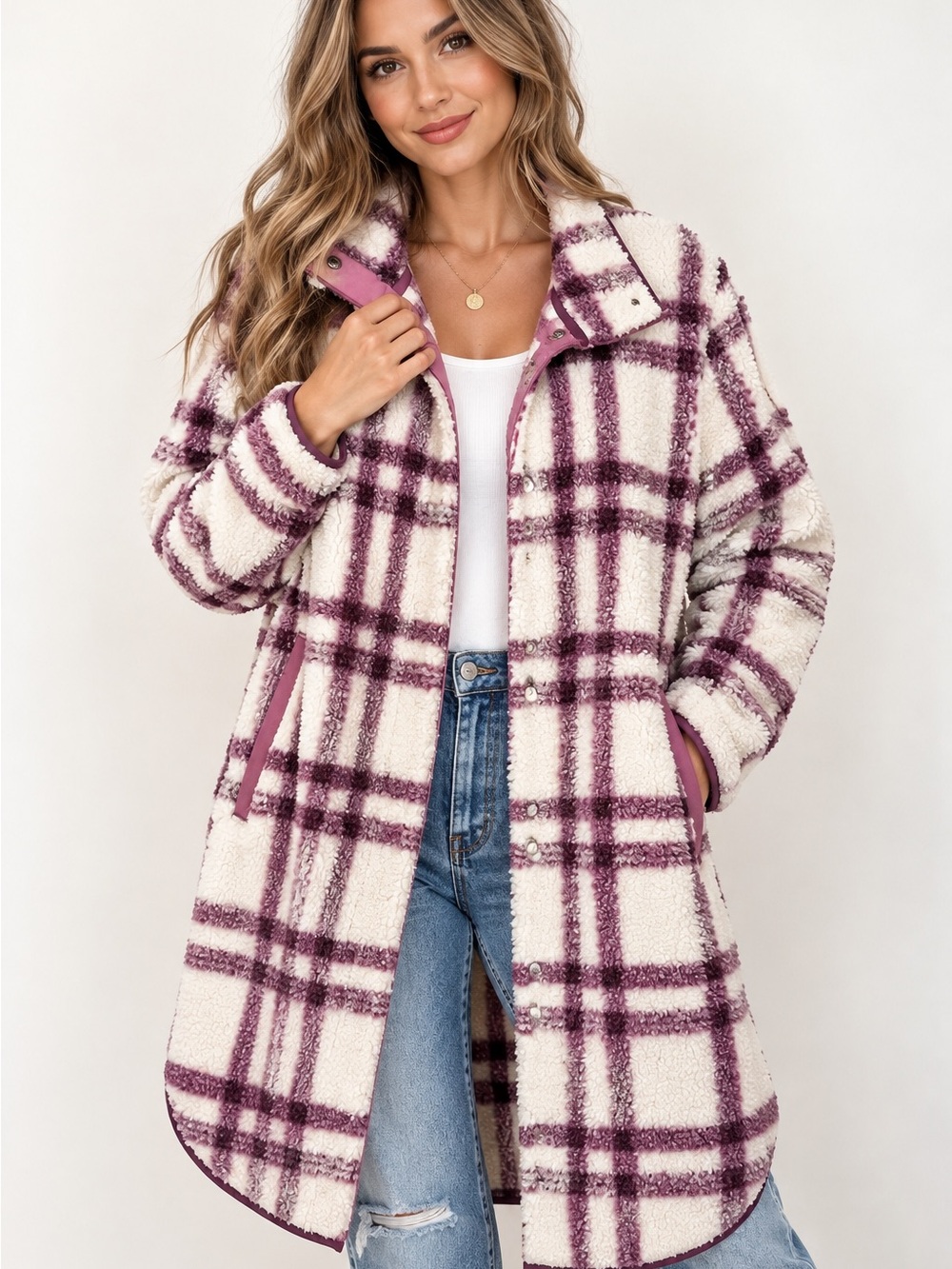 Cozy Plaid Sherpa Coat - Cream & Plum purple fleece jacket snap buttons M-L